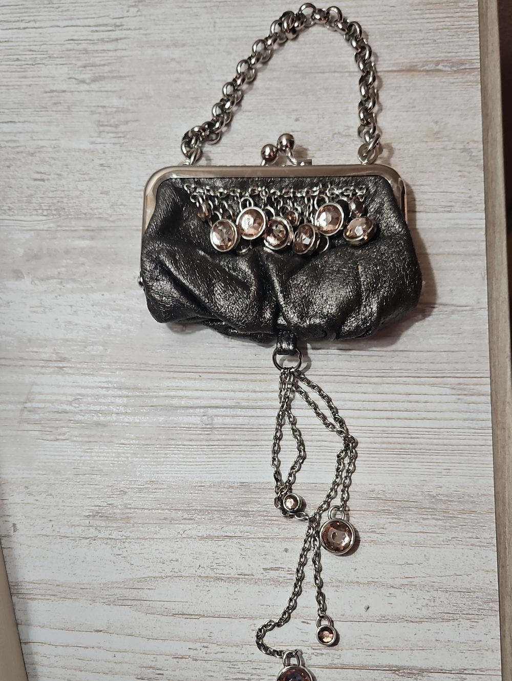 Guess Metallic Silver Chain-Accent Wristlet Clutch With Pink Accents